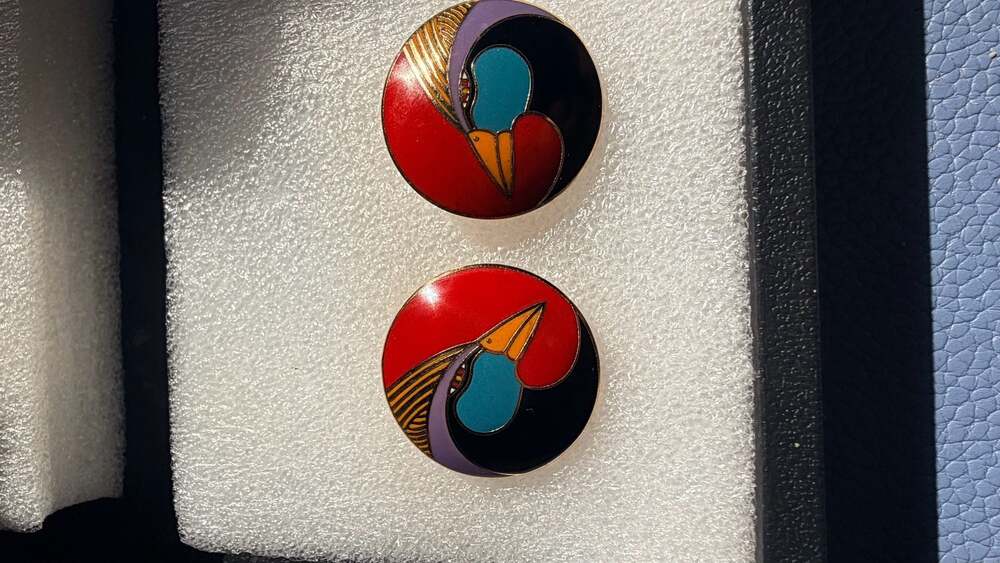 Vintage Laurel Burch Harlequin Bird Enamel Stud Post Earrings